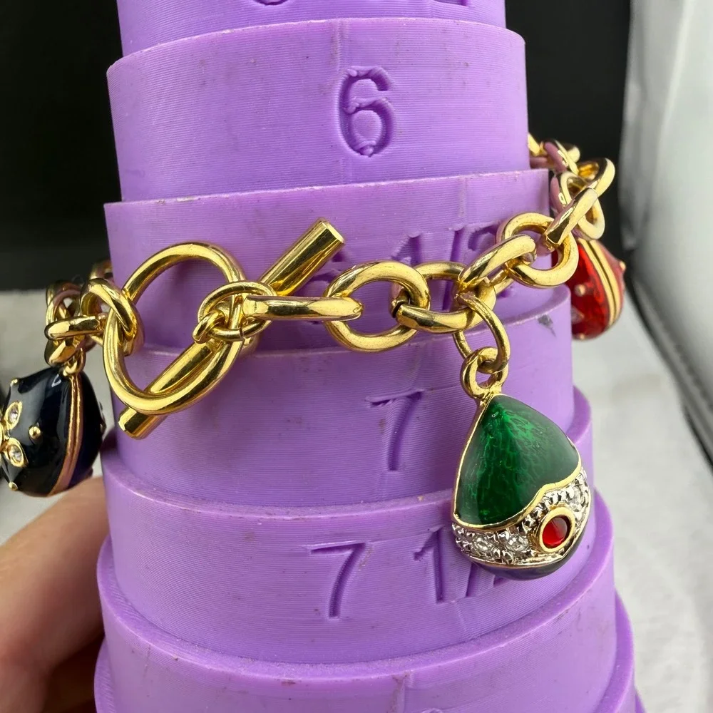 Vintage Egg Charm Bracelet Gold Tone Enamel Rhinestone Multi READ